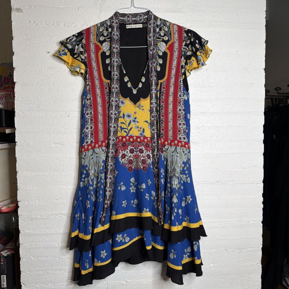 Alice + Olivia Moore Flutter-Sleeve Tiered Tunic Dress Palace Daffodil Floral XS